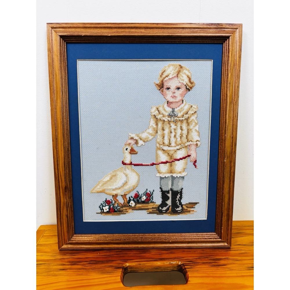 Vintage Victorian Boy with Country Goose Cross Stitch Matted Framed Art
